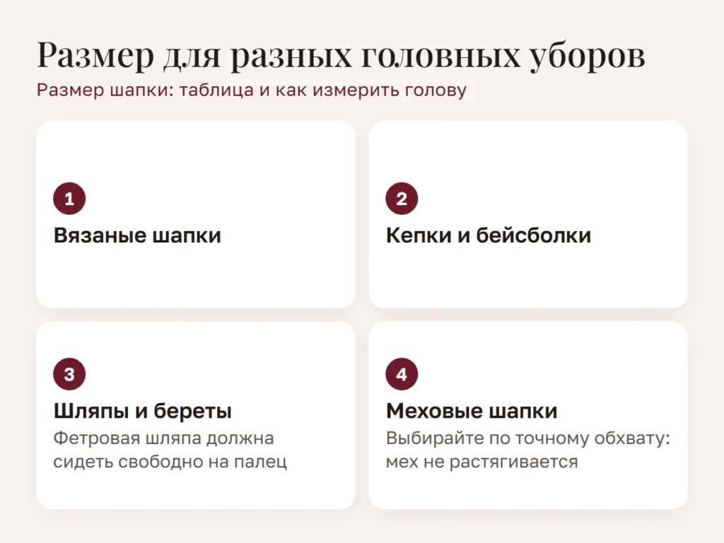 Схема: Размер для разных головных уборов